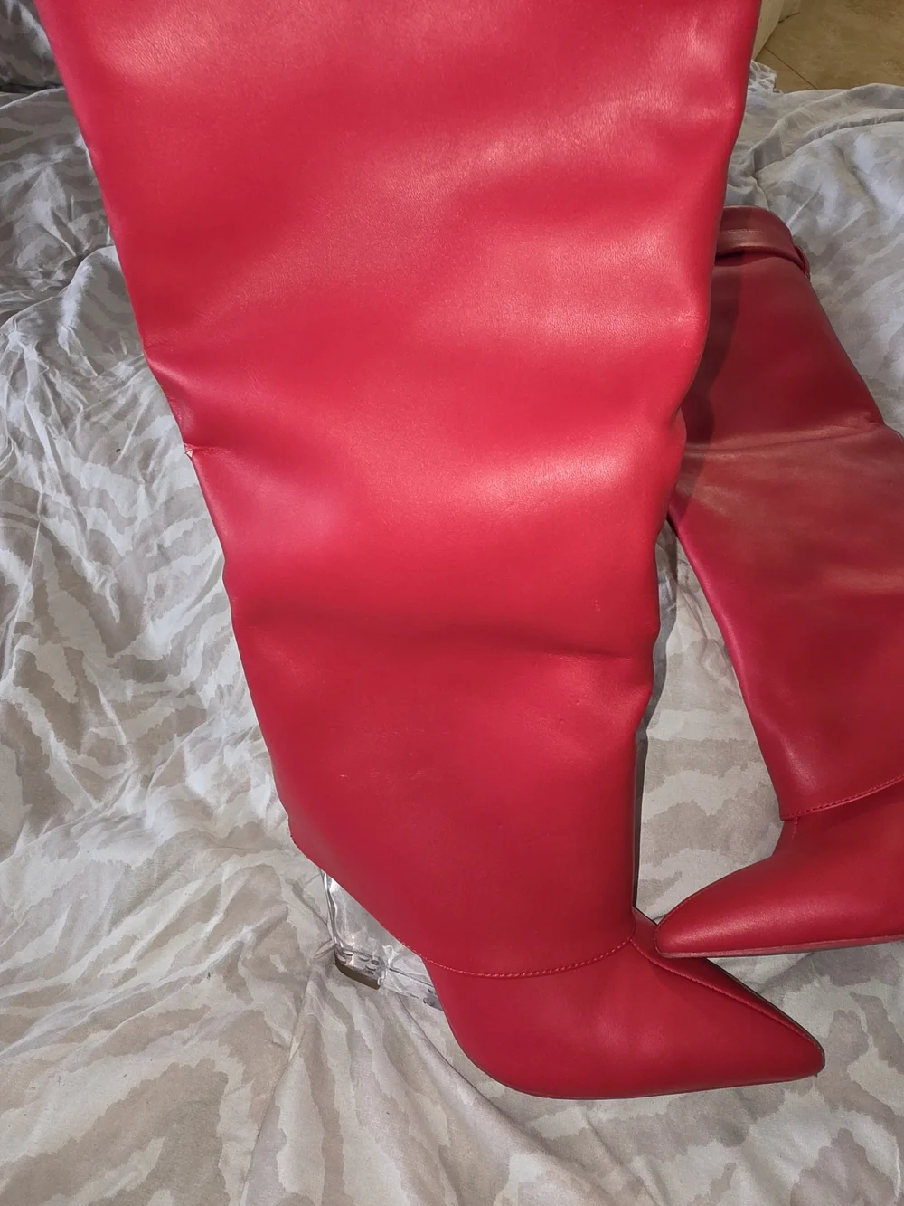 Women's Tall Red Pointed-Toe Boots with Clear Wedge Heel